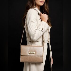 Perry Ellis Beige Crossbody Bag with Gold Plaque